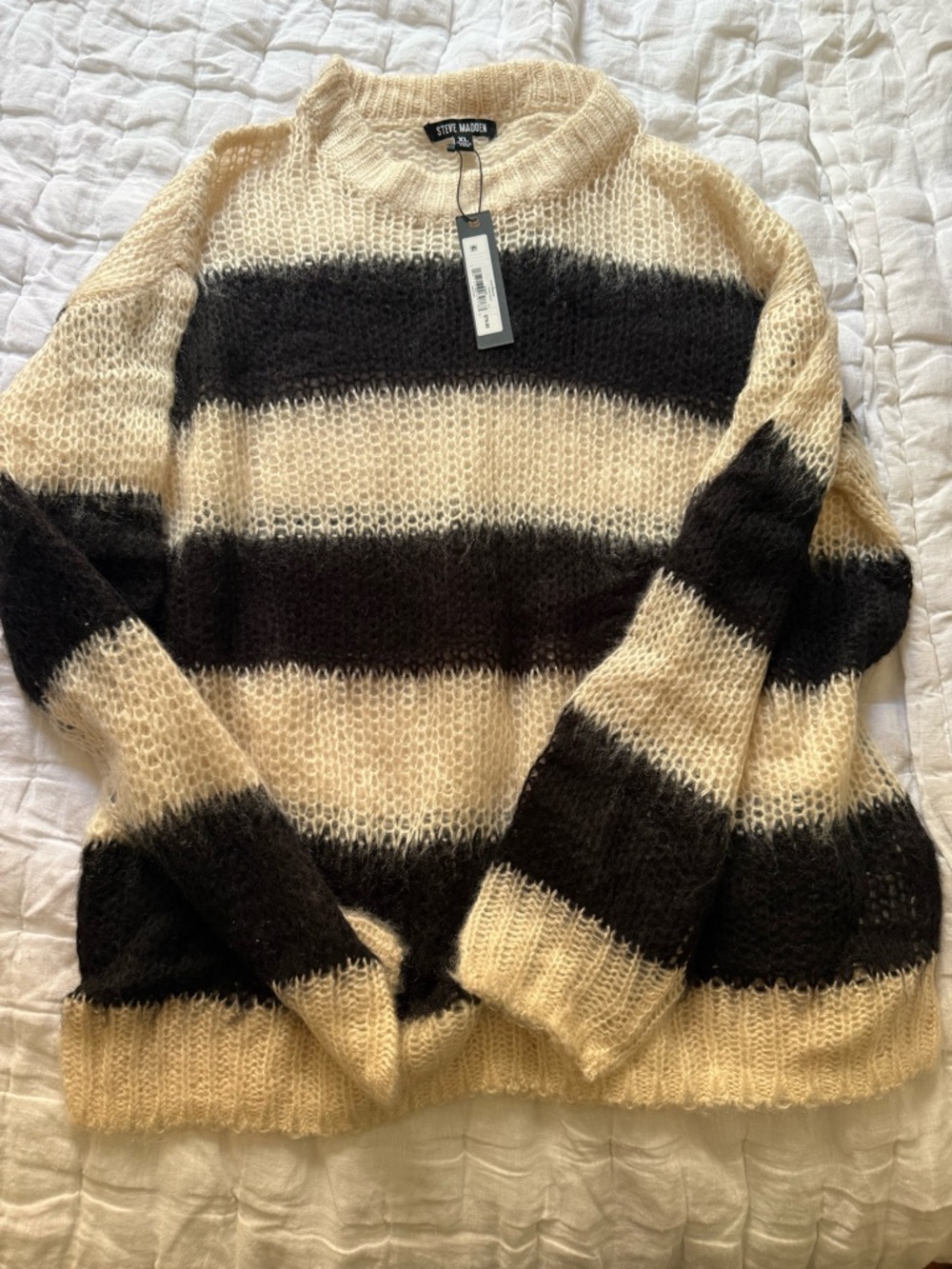 Steve Madden Cream and Black Striped Mohair-Blend Crewneck Sweater
